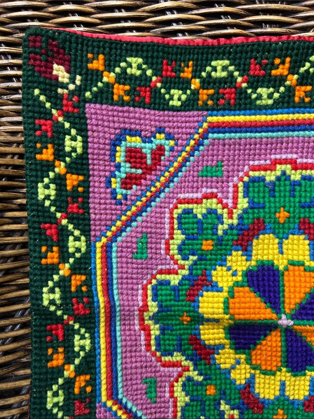 Vintage Ukrainian Purple, Green and Yellow Floral Needlepoint Accent Pillow